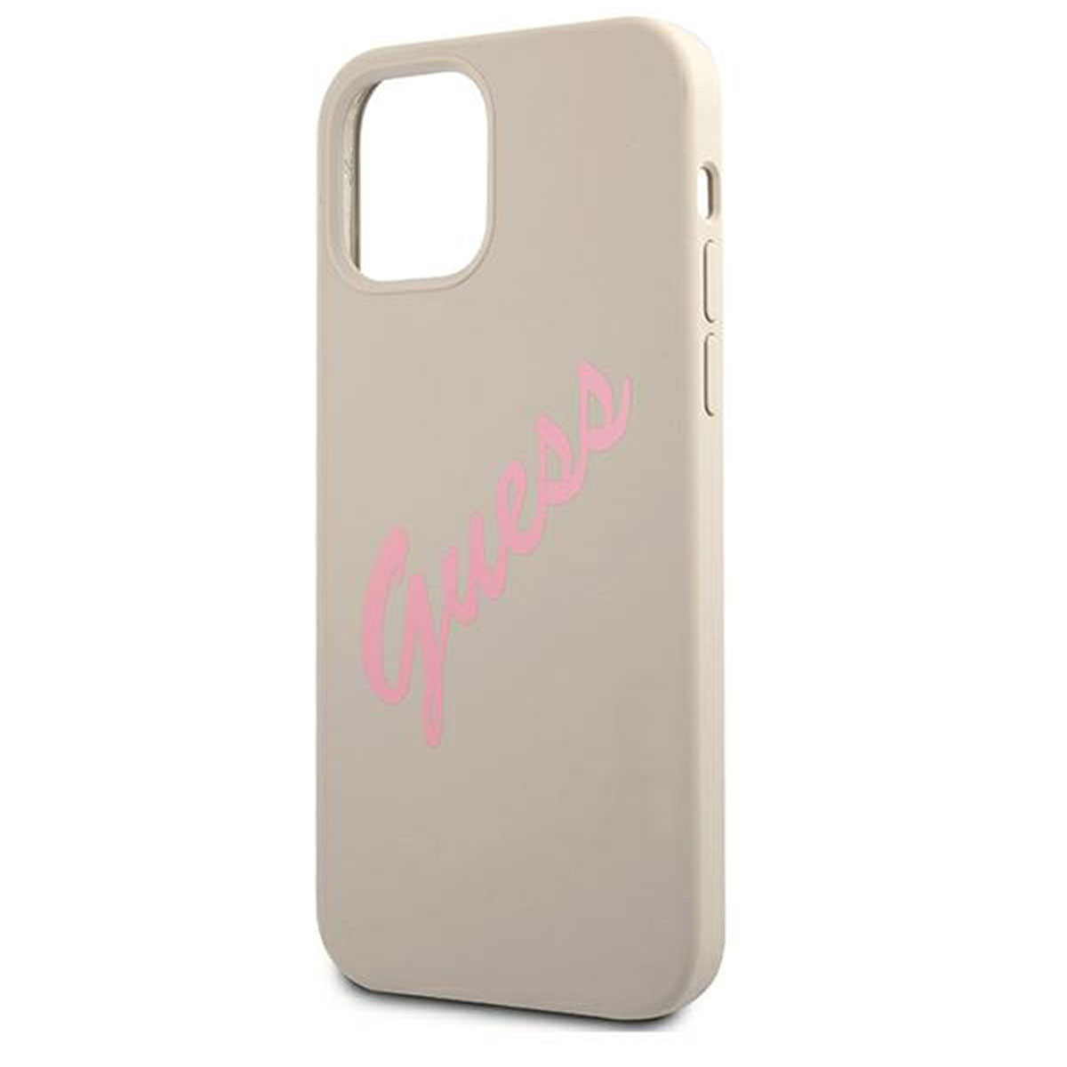 Beige Handyhülle mit pinkfarbenem 'Guess'-Logo. Der Hintergrund ist weiß.