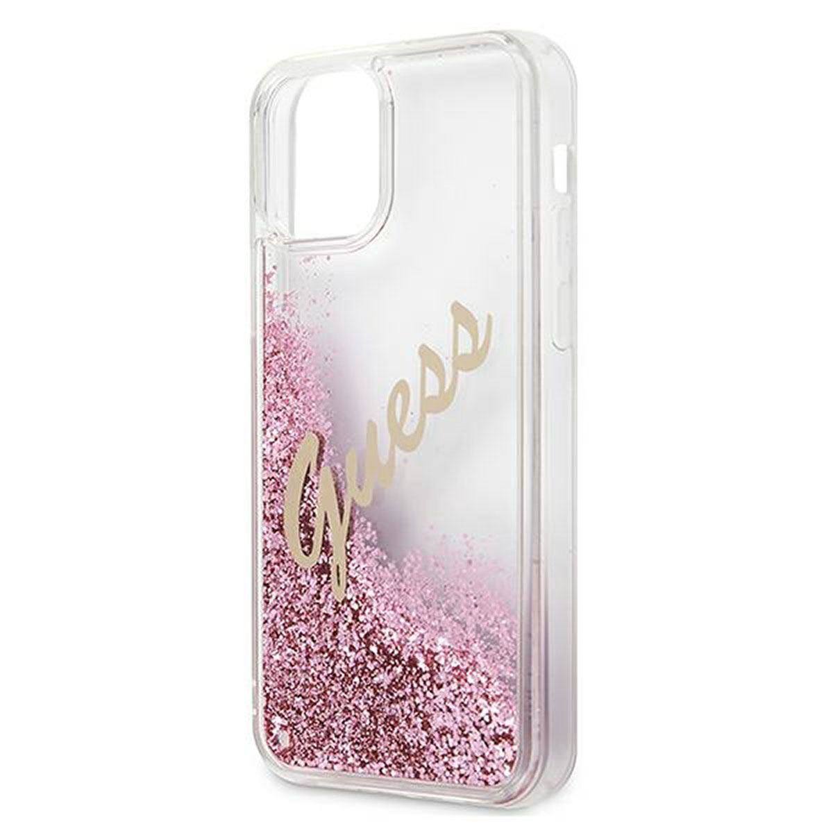 Custodia trasparente per telefono con glitter rosa e la parola 'Guess'.
