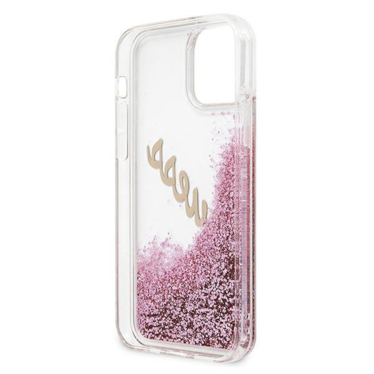 Custodia trasparente con glitter rosa e logo Guess dorato.