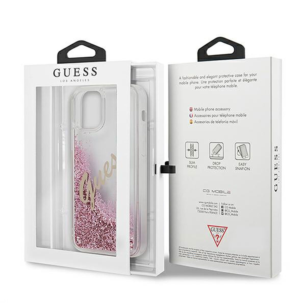 Una custodia per telefono Guess nella sua scatola. La custodia è bianca con glitter rosa e logo Guess.