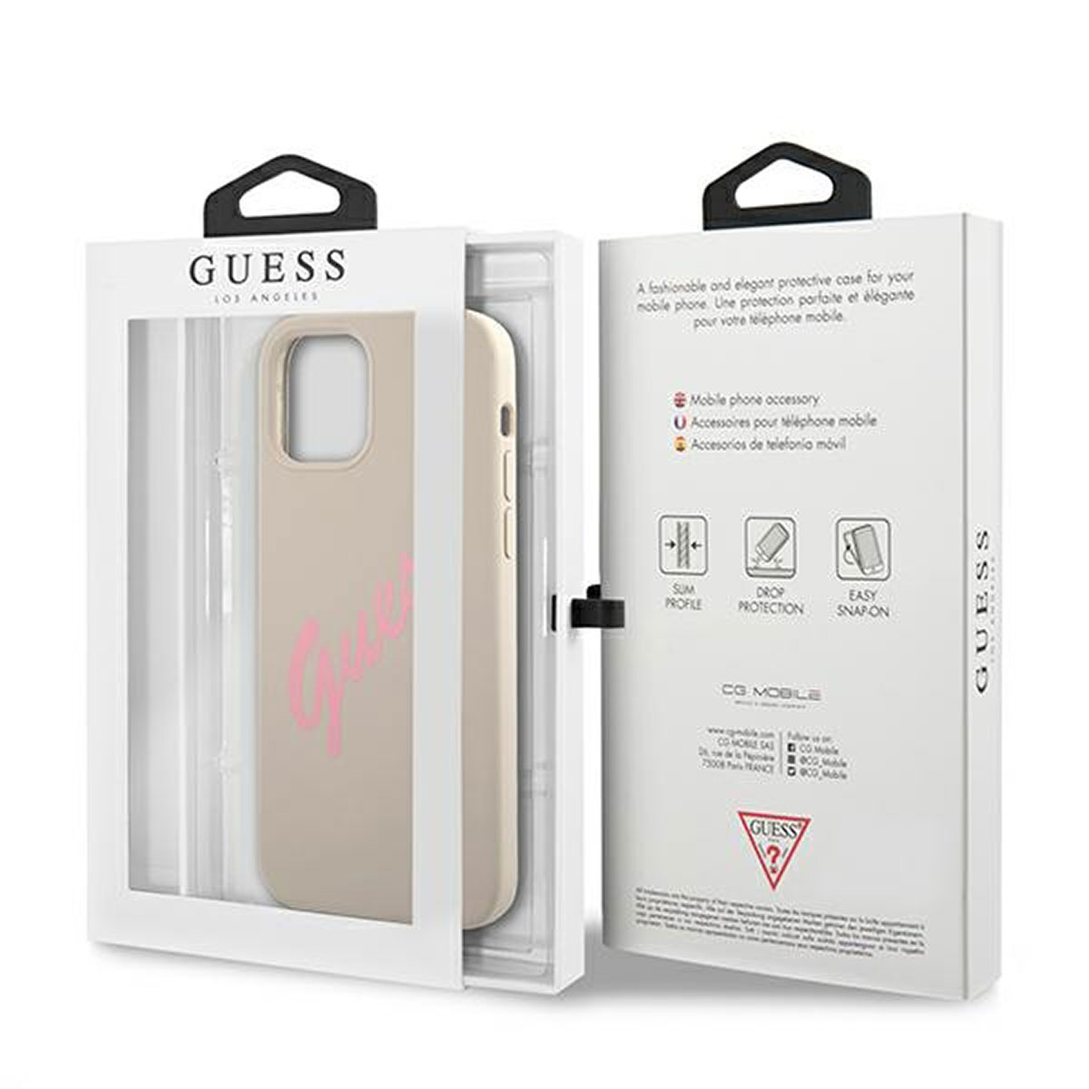 Beige Handyhülle in einer Box. Auf der Hülle befindet sich das Guess-Logo. Die Box ist weiß.