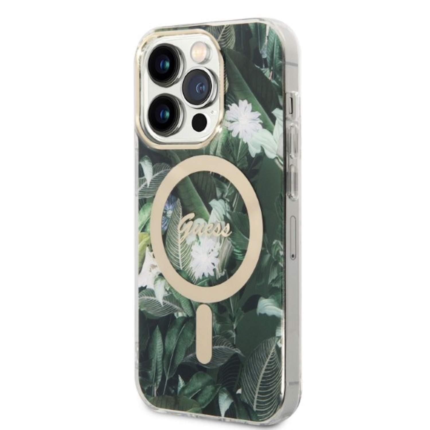 Custodia per telefono con design floreale verde. La custodia ha lenti della fotocamera e un anello d'oro.