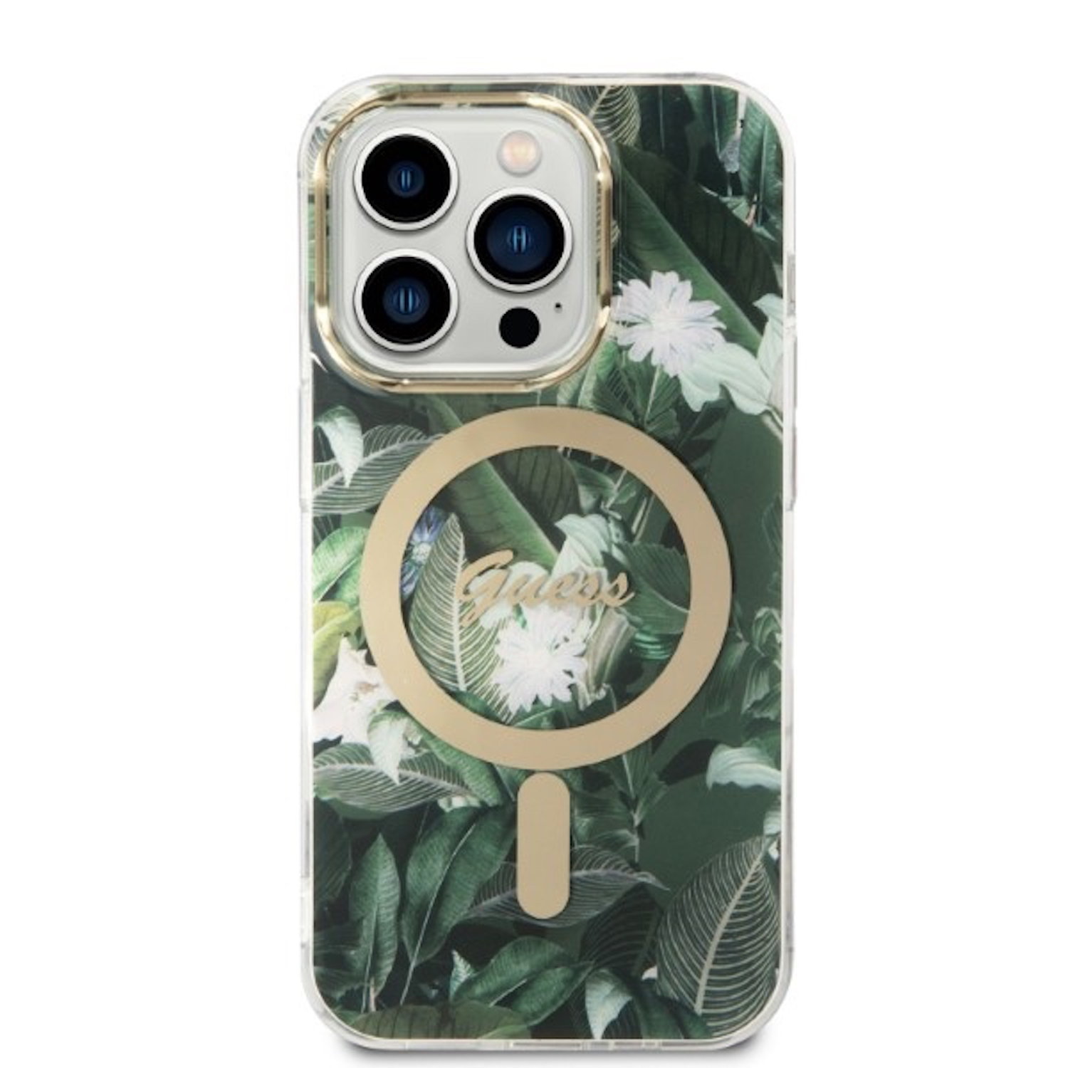 Custodia per telefono con foglie verdi e fiori bianchi, logo Guess.