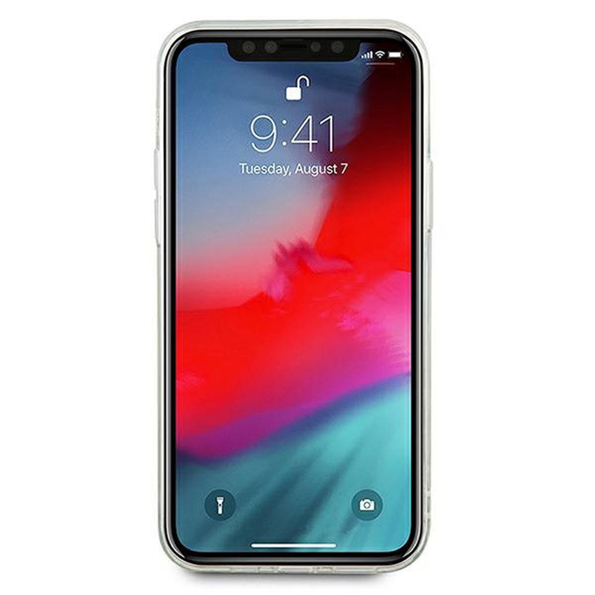 iPhone che mostra una schermata di blocco con sfondo colorato, ora e data.