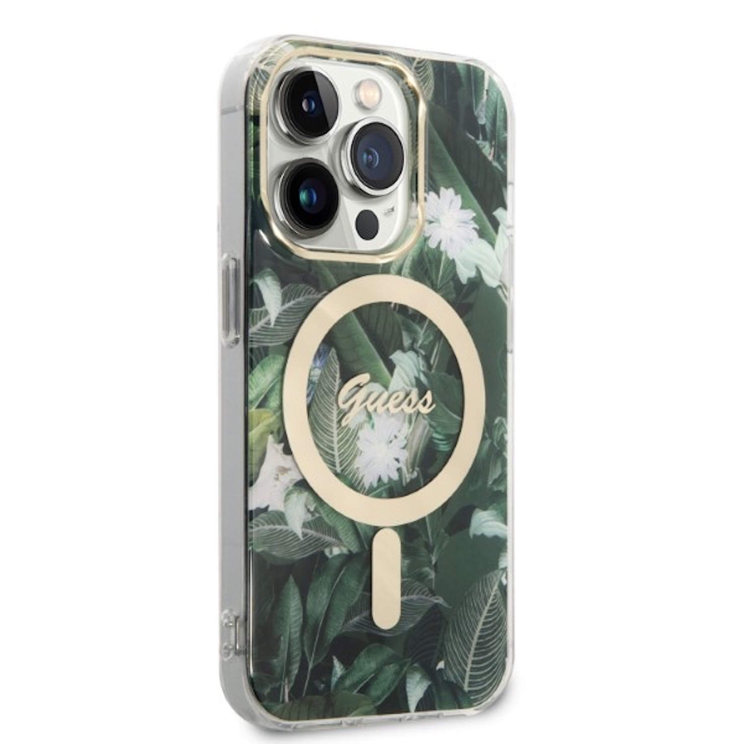 Custodia per telefono con design floreale verde. La custodia ha lenti della fotocamera e un anello d'oro.