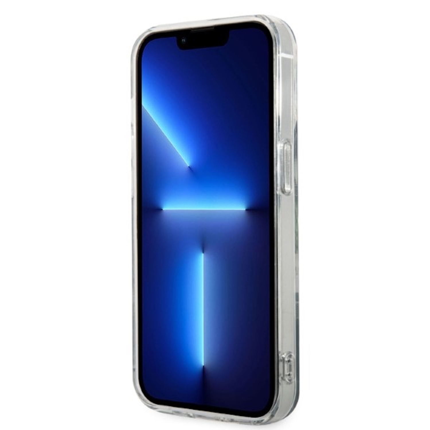 Custodia trasparente con telefono all'interno. Lo schermo mostra una sfumatura blu.