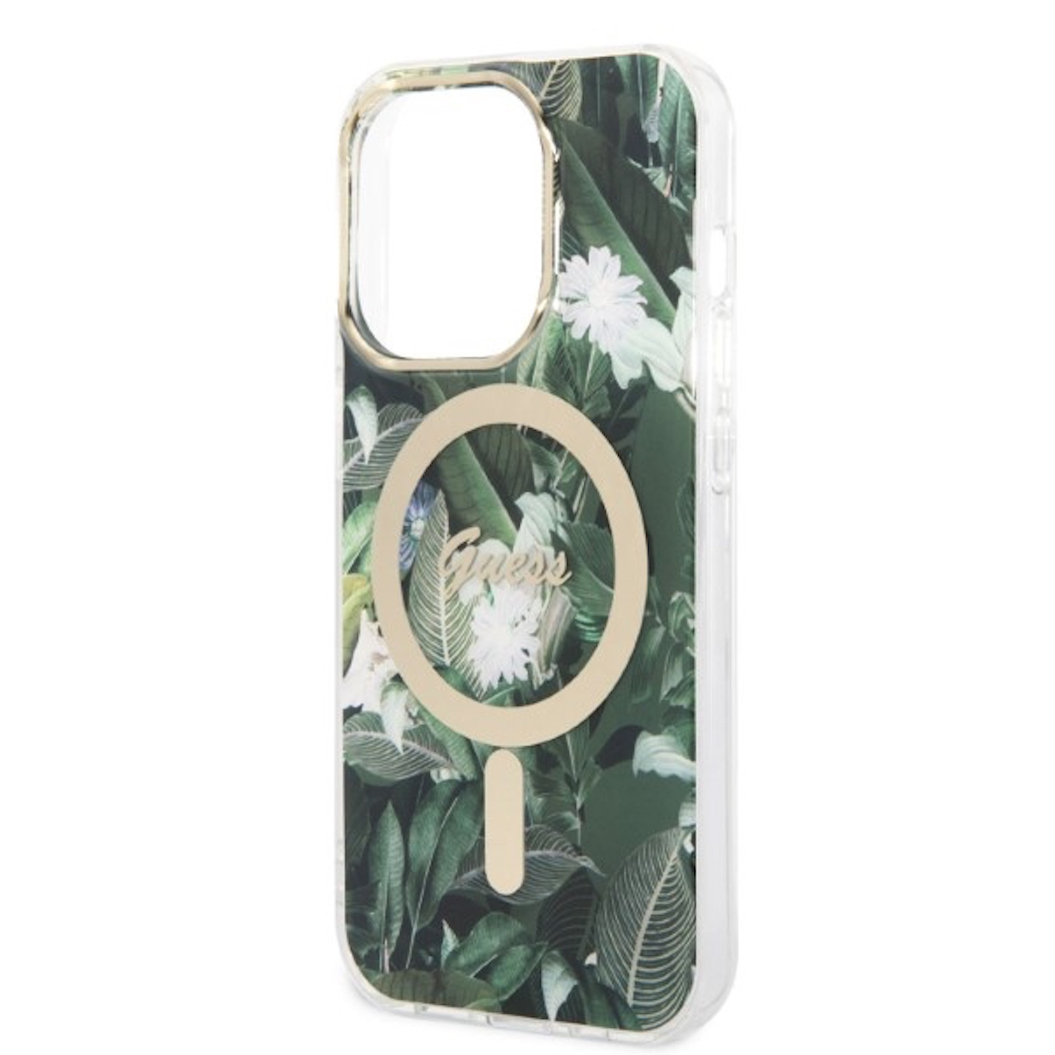 Custodia per telefono con design floreale verde. La custodia ha lenti della fotocamera e un anello d'oro.