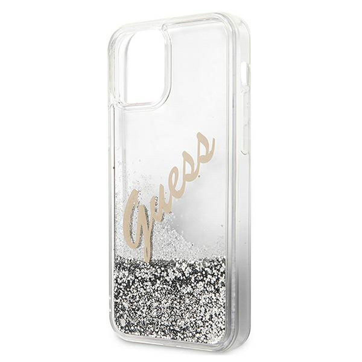 Una custodia trasparente per telefono con glitter e la scritta 'Guess'. La custodia ha una base nera.