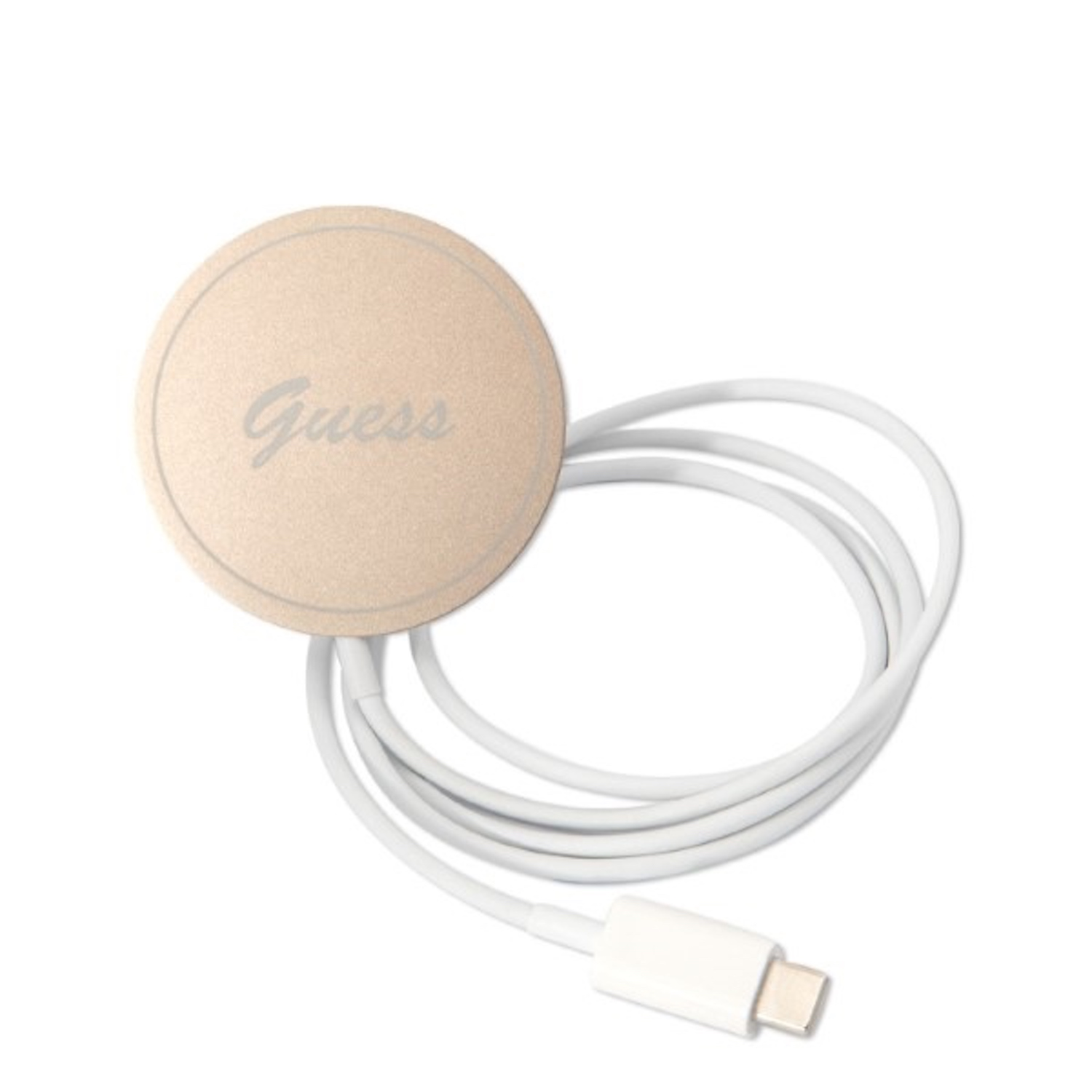 Base di ricarica Guess color oro con cavo USB-C bianco.