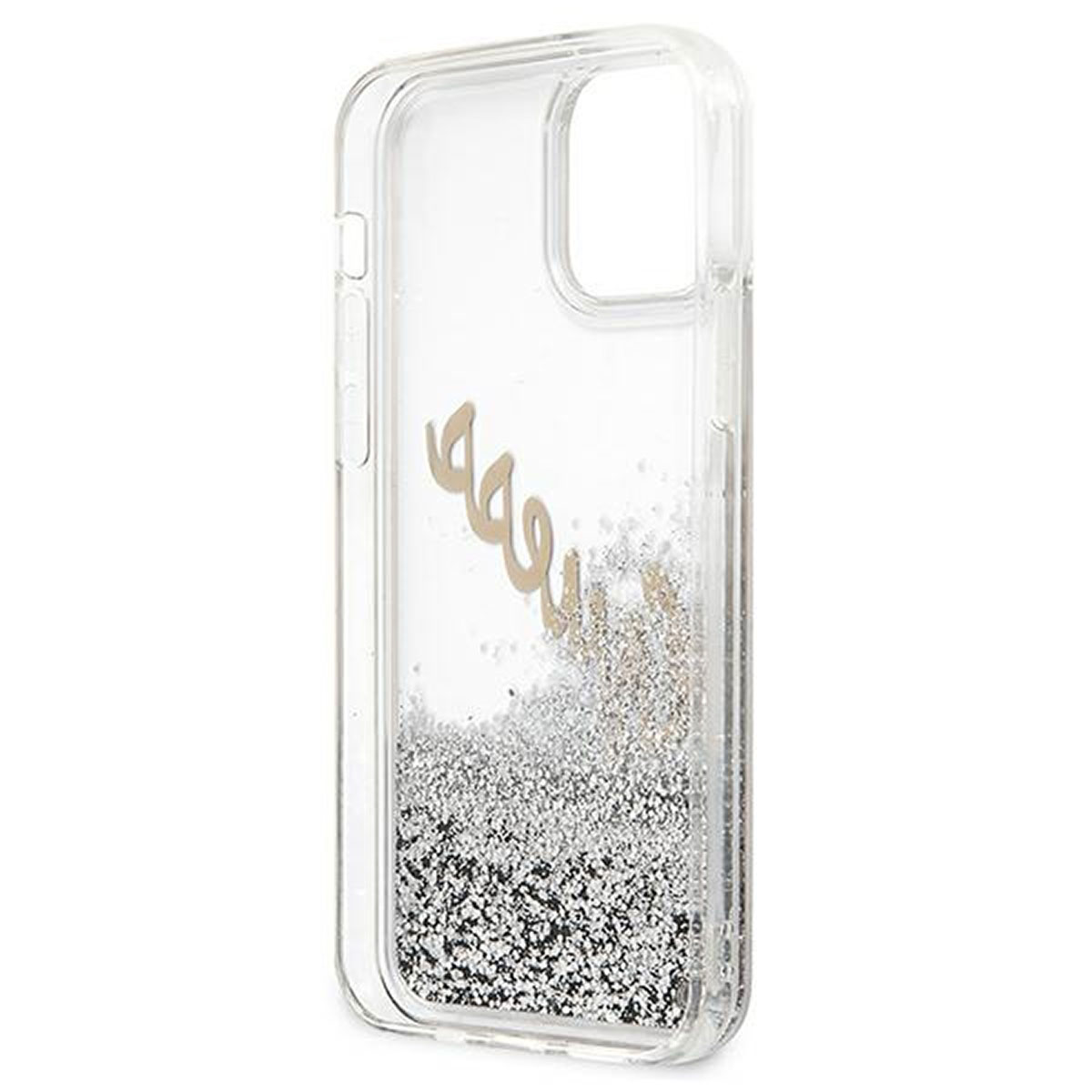 Custodia trasparente per telefono con glitter dorati e scrittura corsiva, riempita di glitter argentati e bordo trasparente.