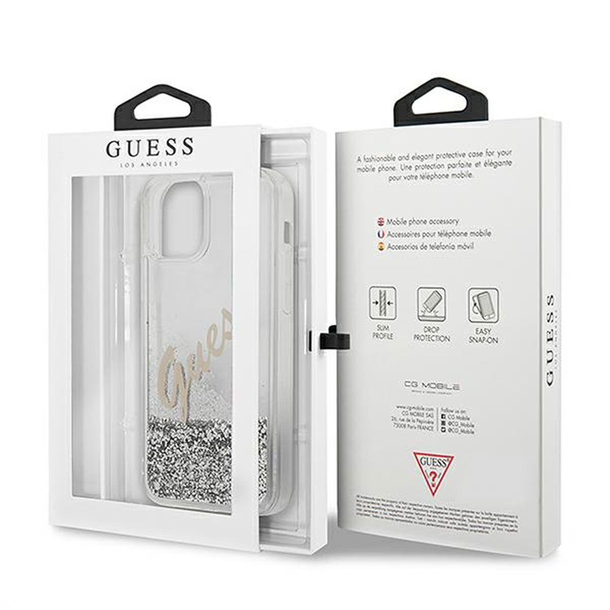 Custodia per telefono in scatola, bianca con logo Guess e dettagli.