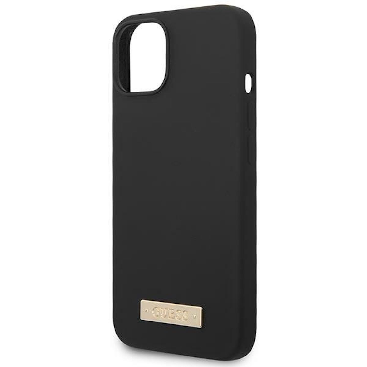 Custodia nera per telefono con logo "GUESS" dorato.