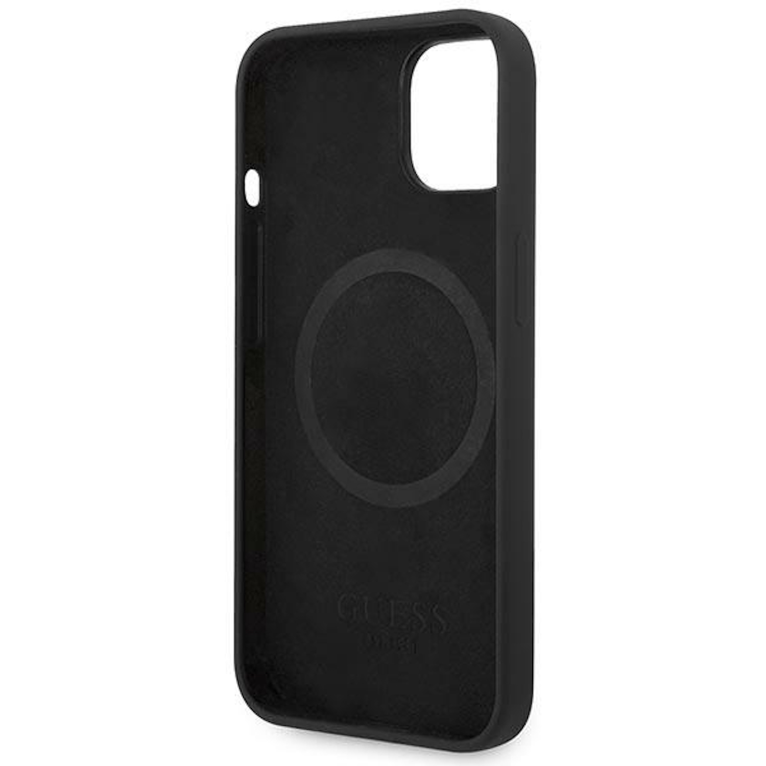 Custodia nera per telefono con design circolare sul retro. Il marchio è visibile.