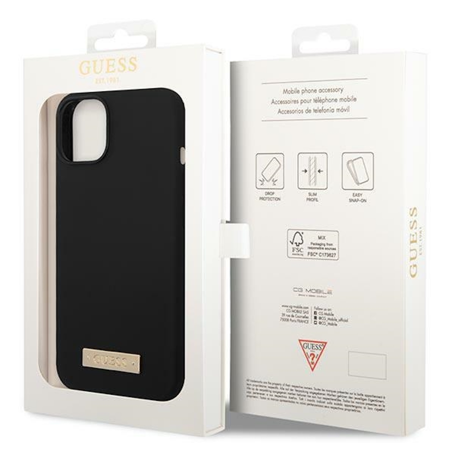 Custodia per telefono nera in scatola bianca. La custodia è per iPhone. La scatola ha il marchio Guess.