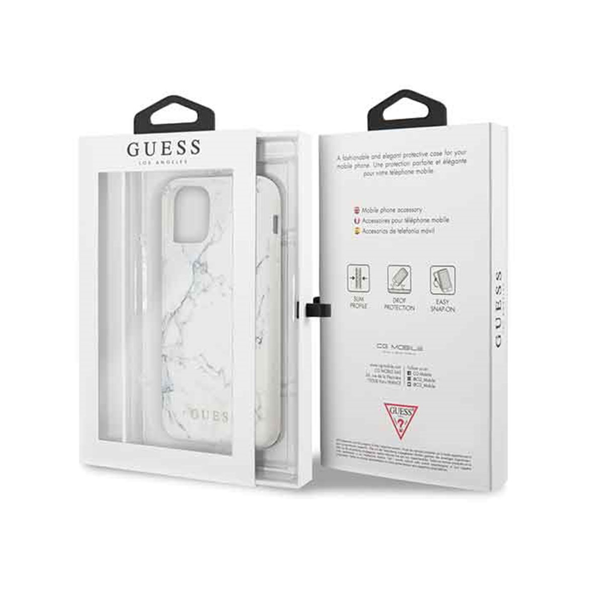 Weiße Handyhülle mit Marmormuster in einer Box, die geöffnet ist, um die Hülle zu zeigen. GUESS-Logo sichtbar.
