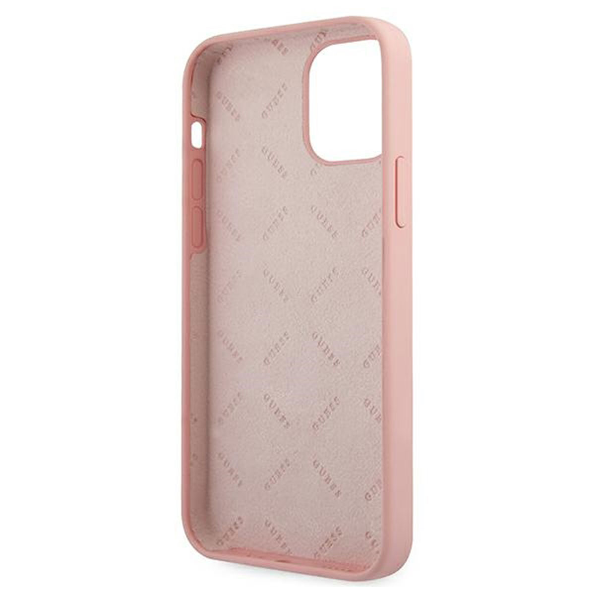 Eine pinkfarbene Guess-Handyhülle, die die Innenseite mit dem Guess-Logomuster zeigt.