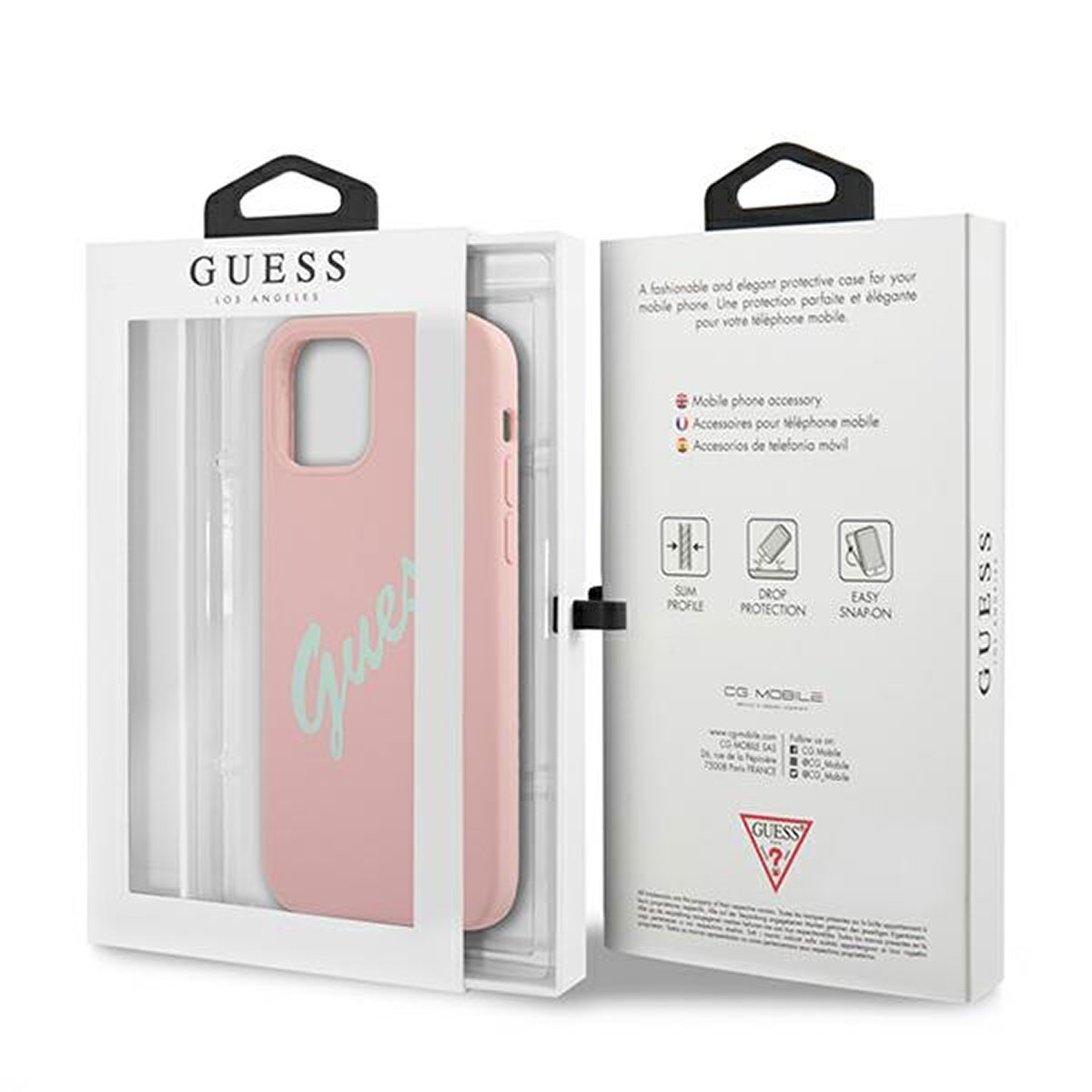 Rosa Guess-Handyhülle in einer Box. Die Hülle hat das Guess-Logo.