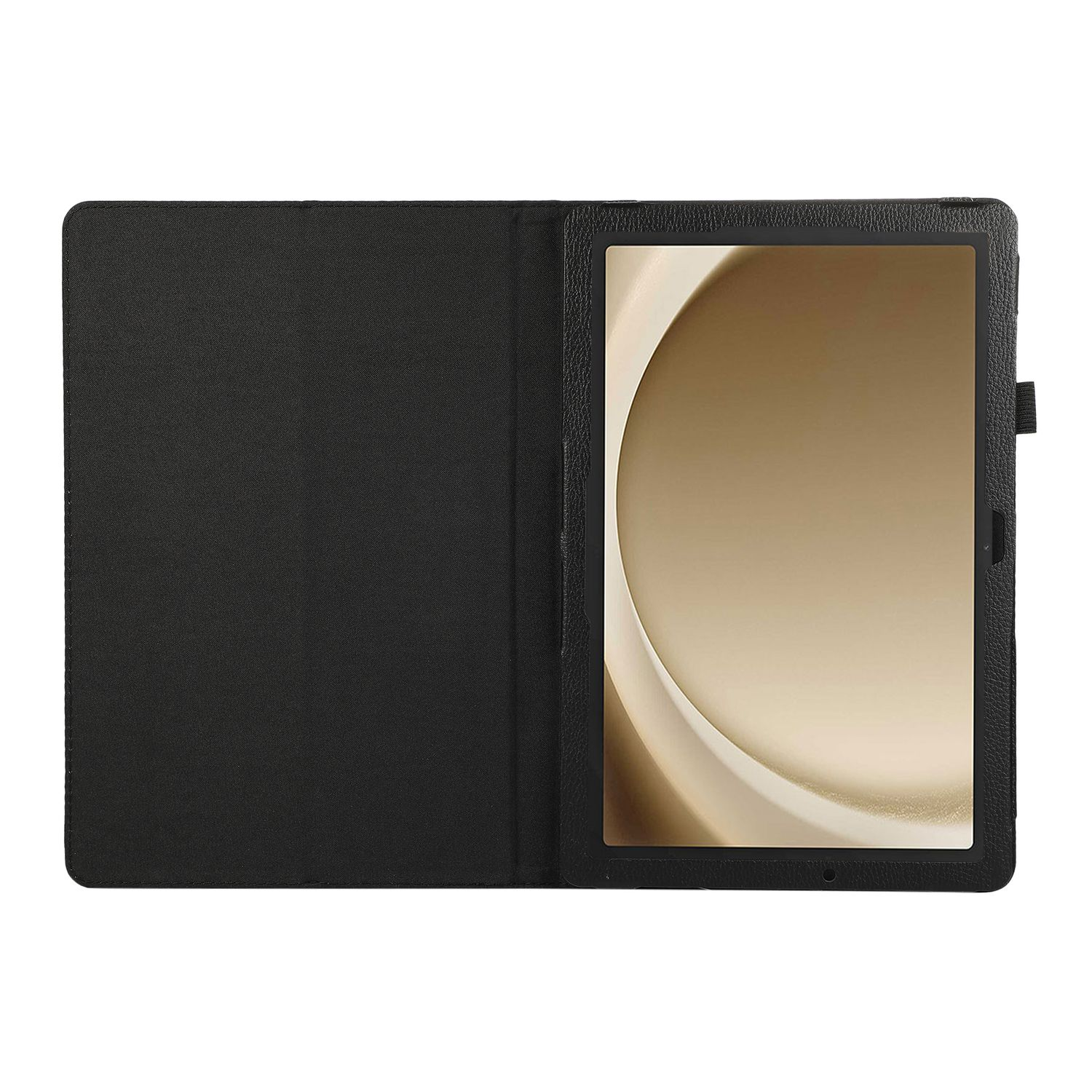 Schwarze Tablet-Hülle. Geöffnet, zeigt den Bildschirm. Tablet ist sichtbar.