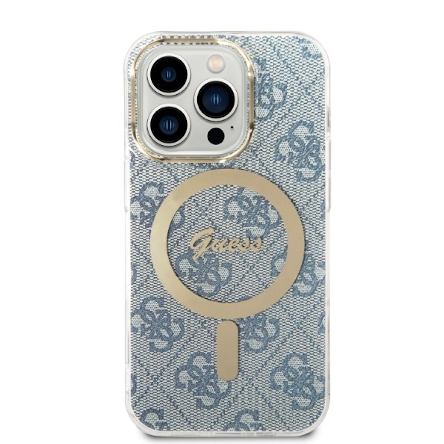 Custodia per telefono Guess, motivo denim blu, dettaglio anello dorato e fotocamera.