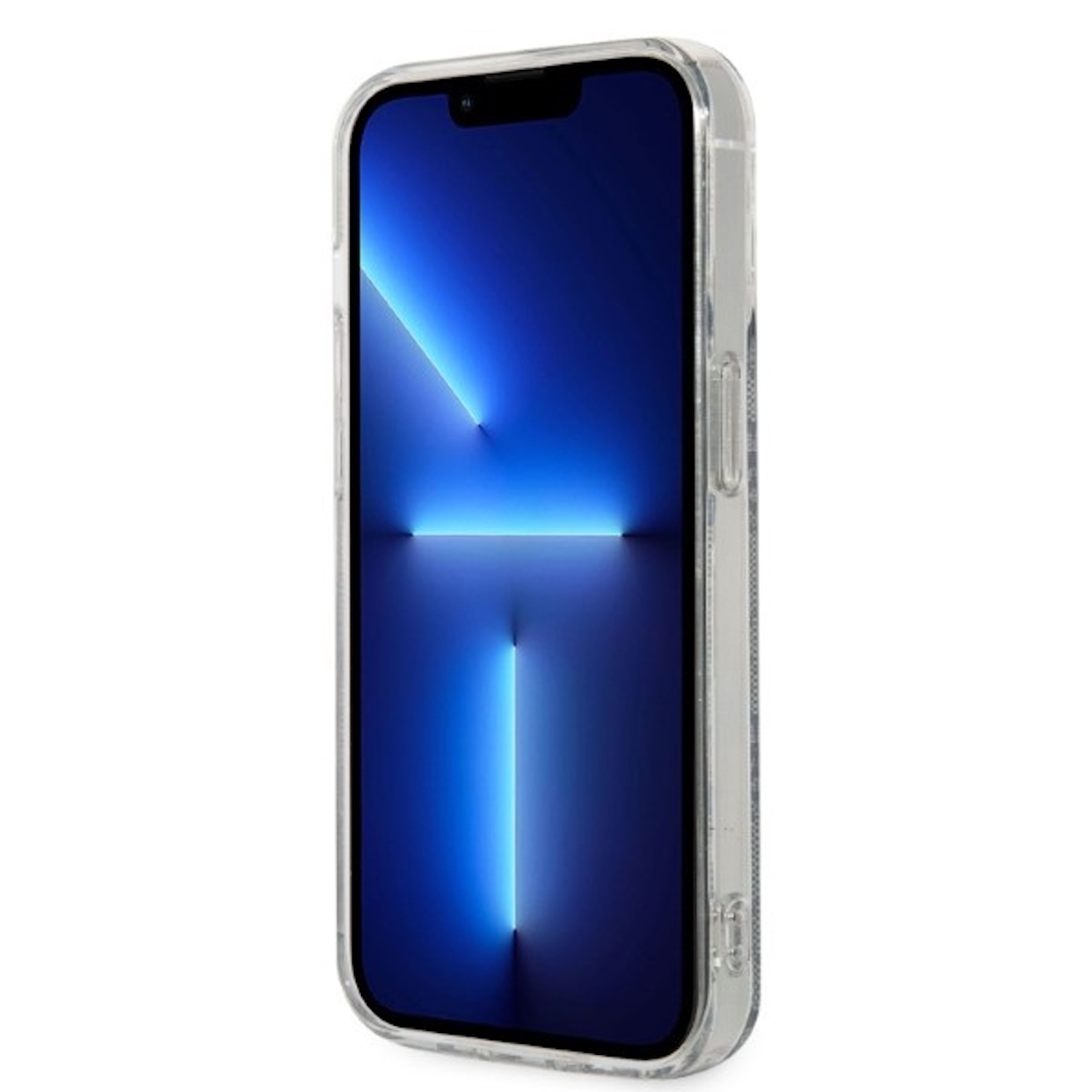 Custodia trasparente per telefono con schermo illuminato di blu, che mostra un display digitale moderno.