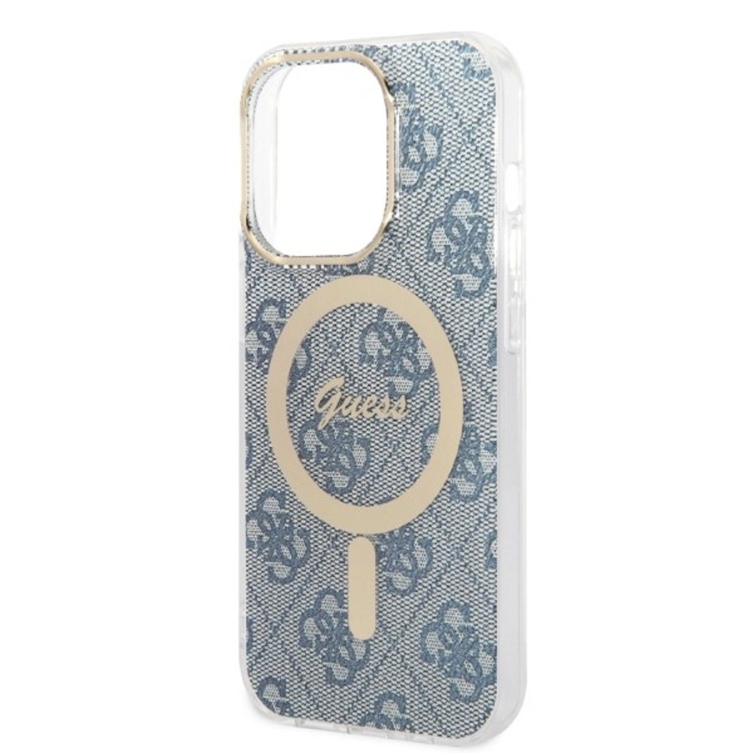 Custodia per telefono Guess, motivo denim blu, dettaglio anello dorato e fotocamera.