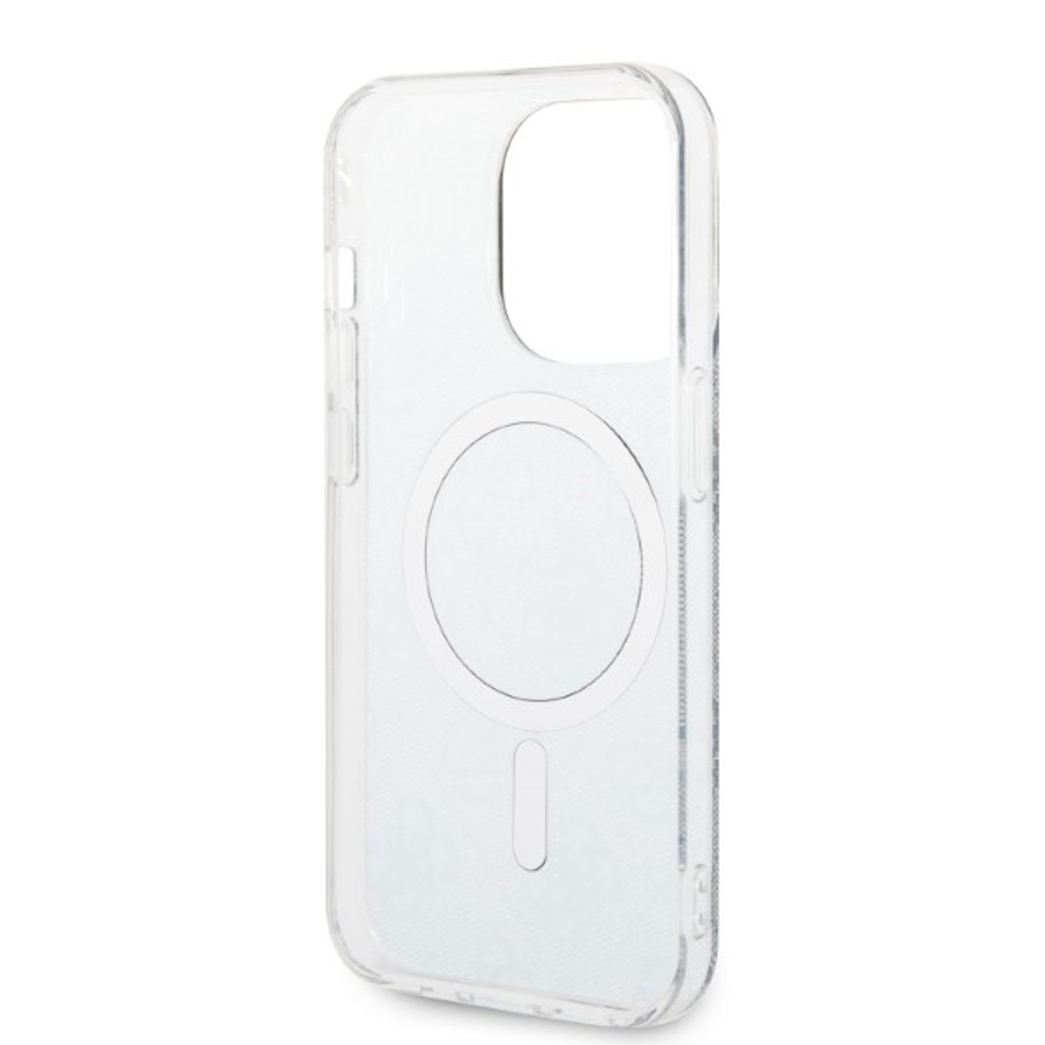 Custodia trasparente per telefono, con un design circolare al centro. Foro per la fotocamera.
