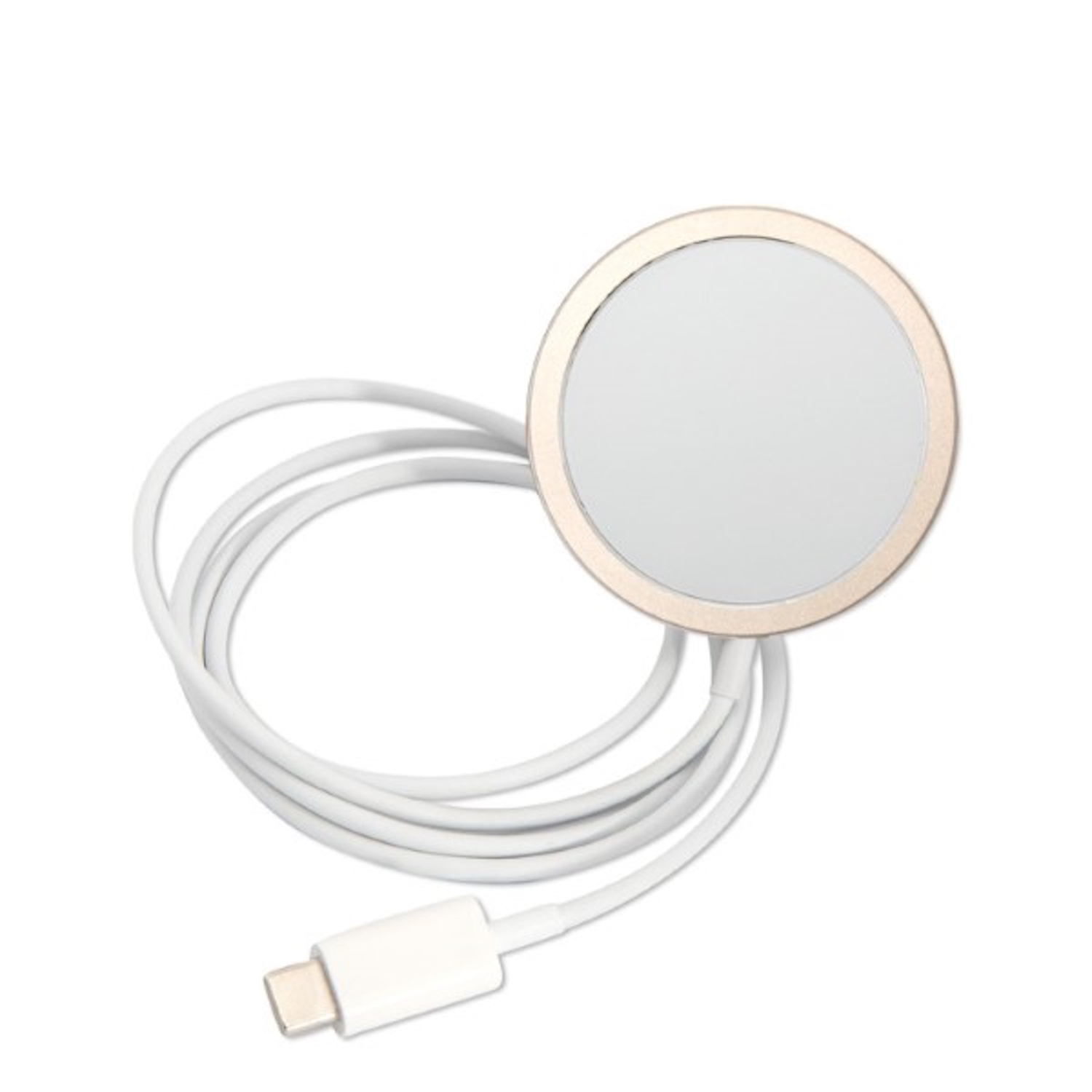 Caricatore wireless circolare bianco e oro con cavo bianco.