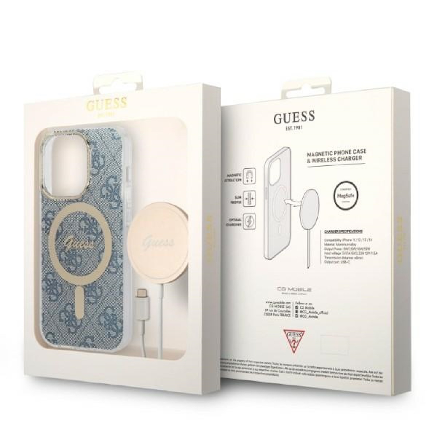 Scatola bianca con custodia per telefono e caricabatterie wireless. La custodia ha una stampa Guess.