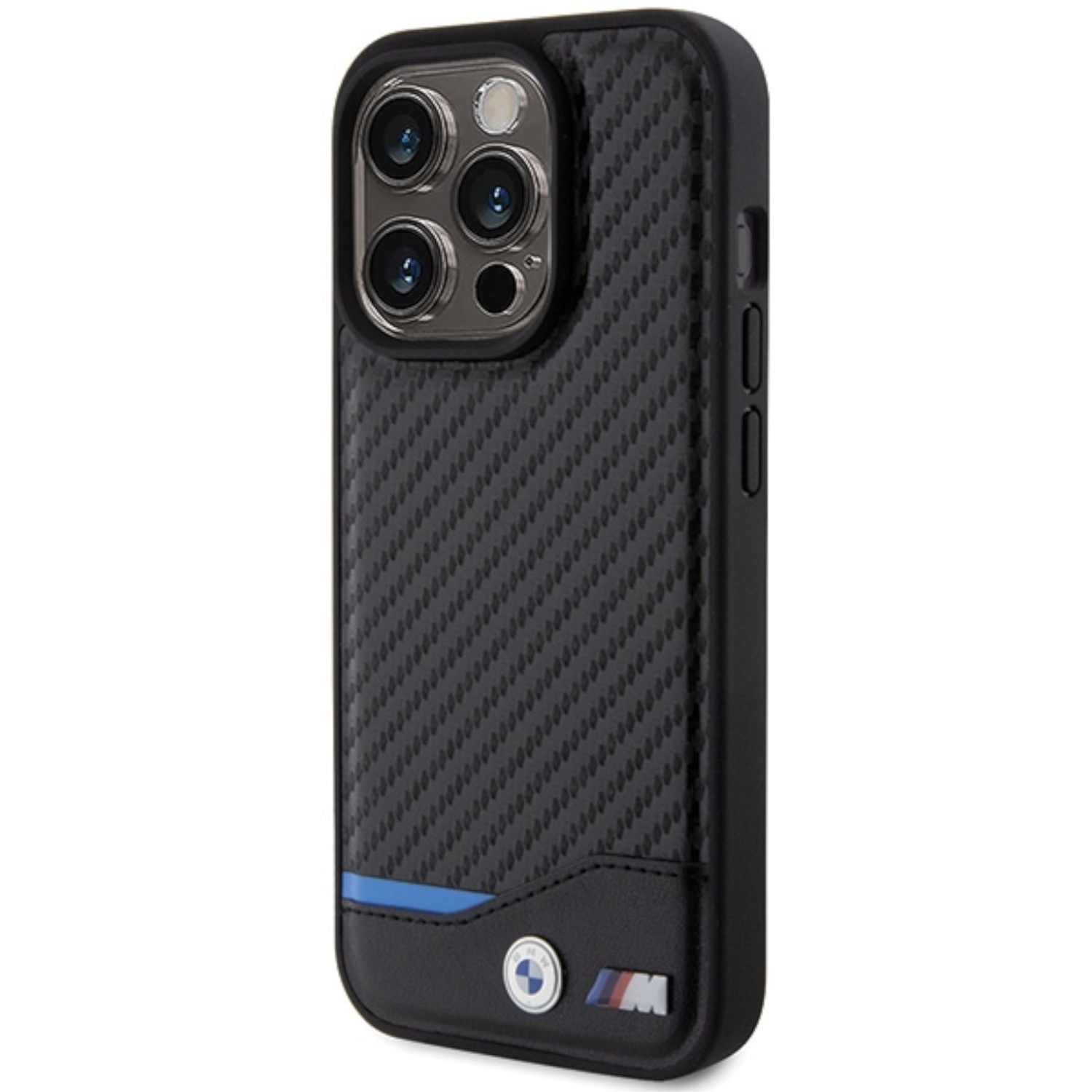 Custodia nera per telefono con design in fibra di carbonio e logo BMW. La custodia ha quattro aperture per lenti.