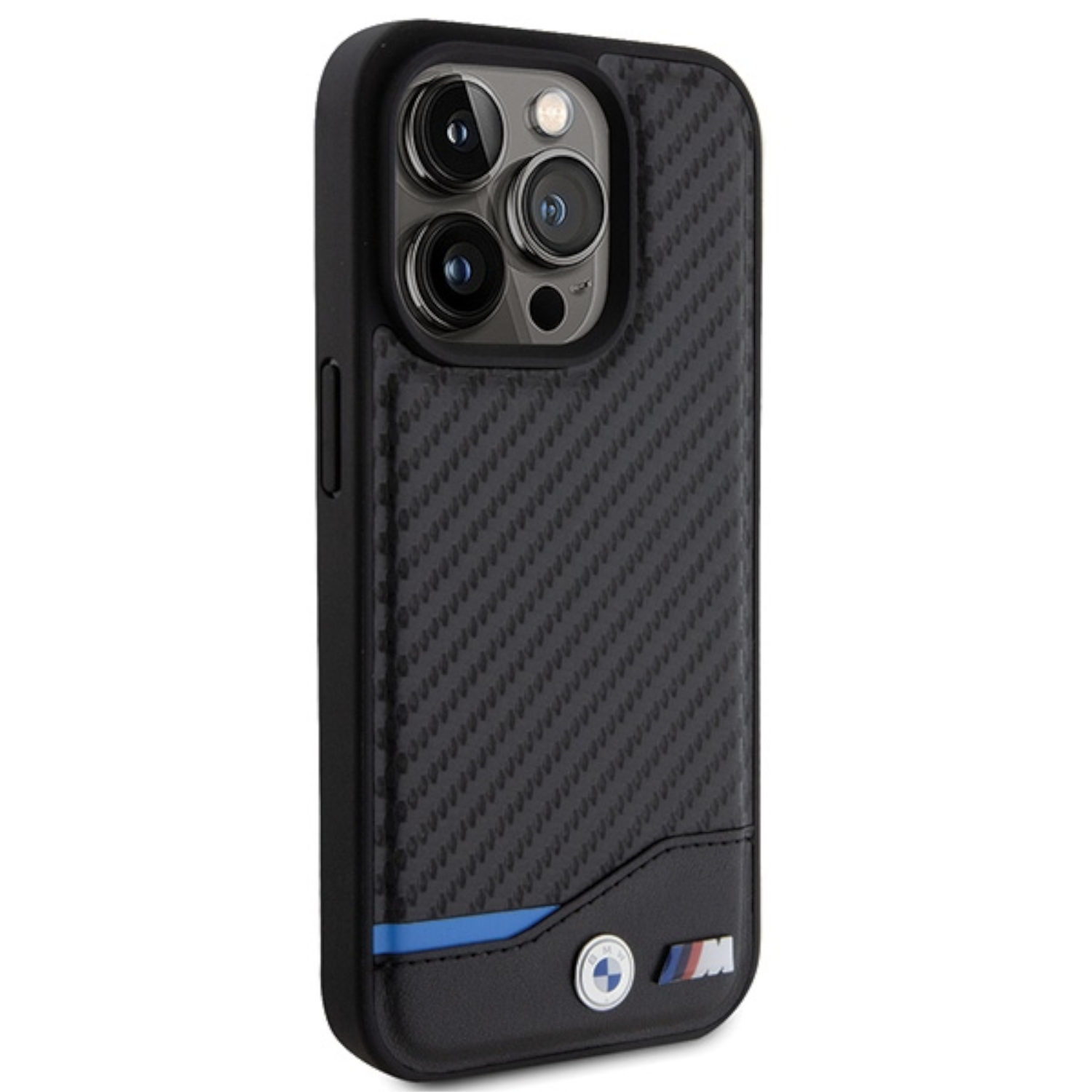 Custodia per telefono nera con motivo in fibra di carbonio e logo BMW in basso.