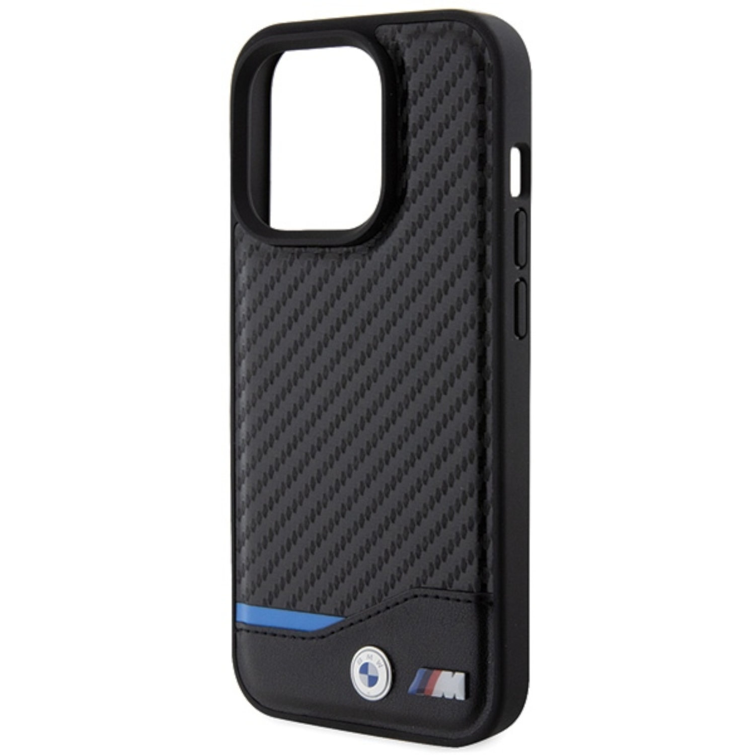 Custodia per telefono nera con accento blu e logo BMW. La custodia ha un design in fibra di carbonio.