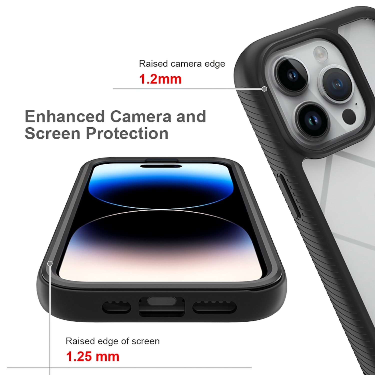 Funda para teléfono con protección mejorada de cámara y pantalla. Bordes elevados alrededor.