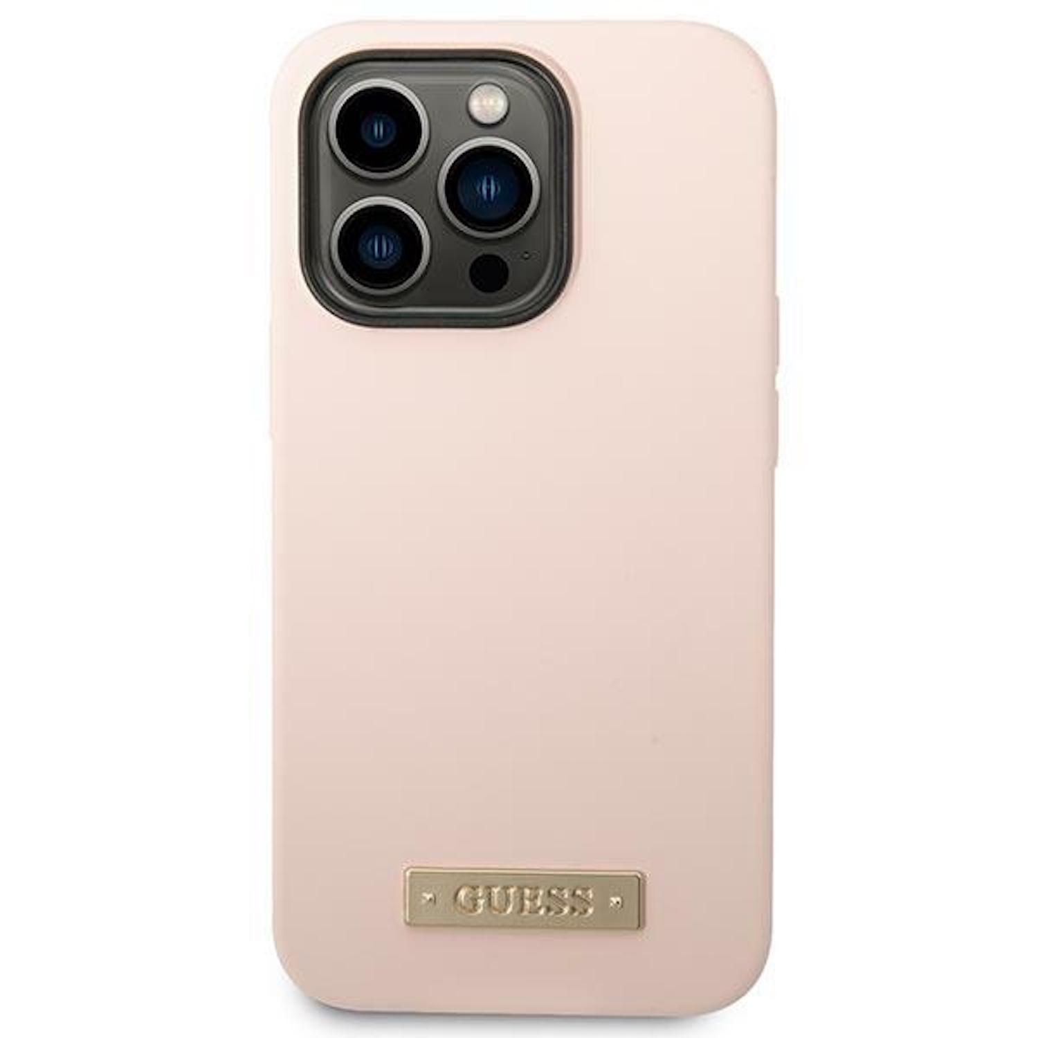 Eine hellrosa Handyhülle mit goldenem Guess-Logo. Die Hülle ist für ein Telefon.