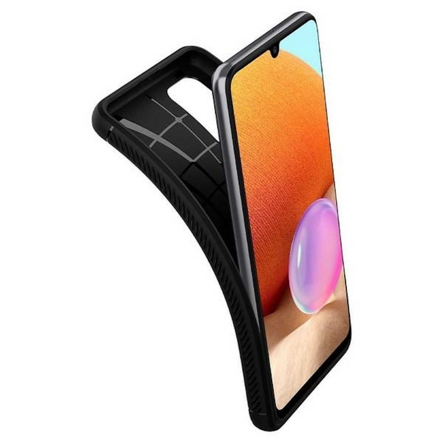 Telefono con schermo arancione in una custodia nera. La custodia è aperta, mostrando l'interno.