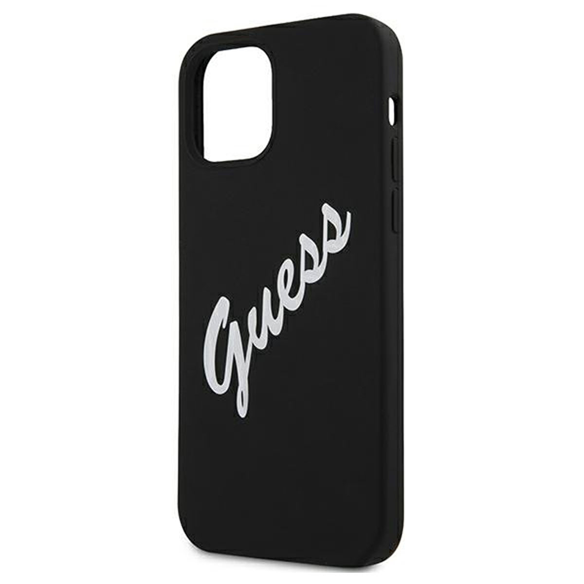 Schwarze Handyhülle mit dem Wort 'Guess' in weißer Schreibschrift. Die Hülle ist schlicht. Weißer Hintergrund.