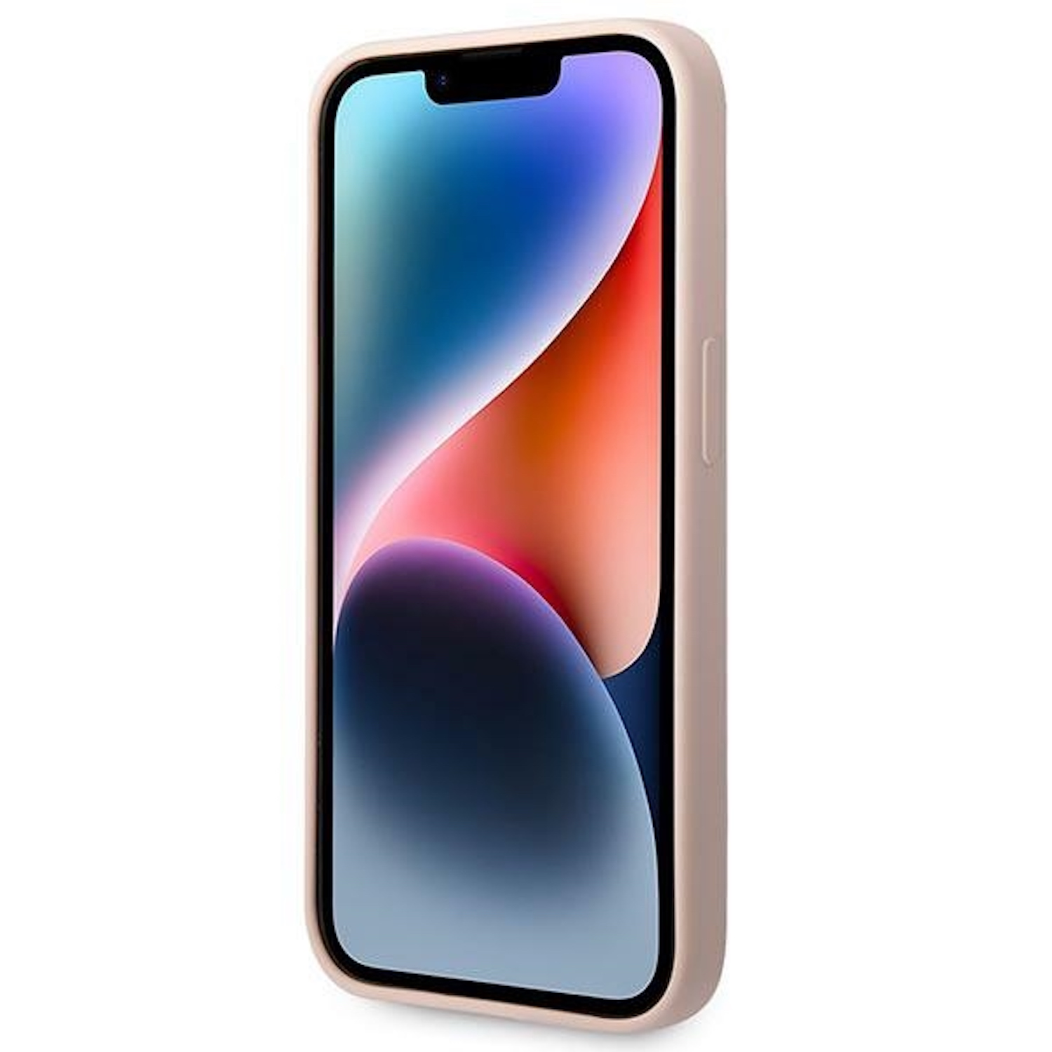 Telefon in rosa Hülle, mit farbenfrohem Bildschirm. Die Hülle hat einen schwarzen Rand.