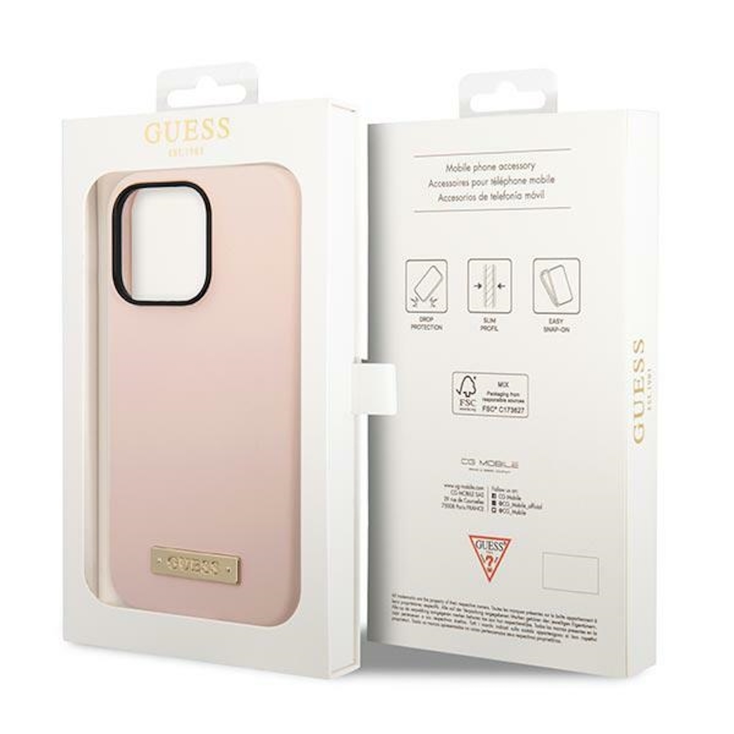 Rosa Guess-Handyhülle in einer Box, mit dem Guess-Logo und Details auf der Rückseite.