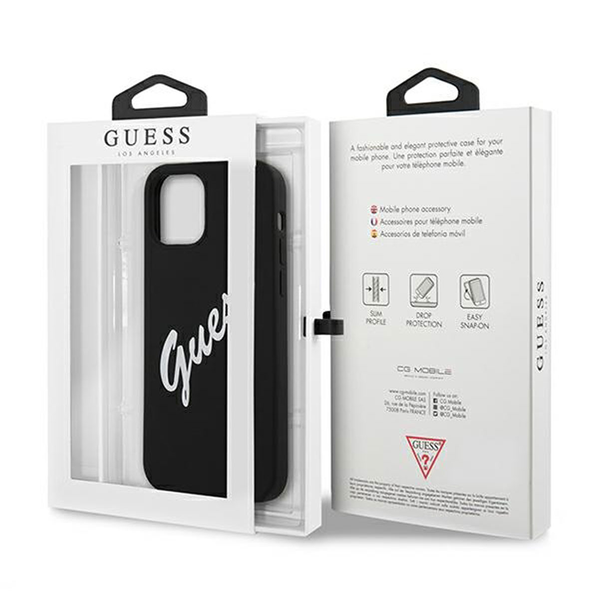 Schwarze Handyhülle mit weißem Guess-Logo in einer Box. Die Box hat das Guess-Logo.