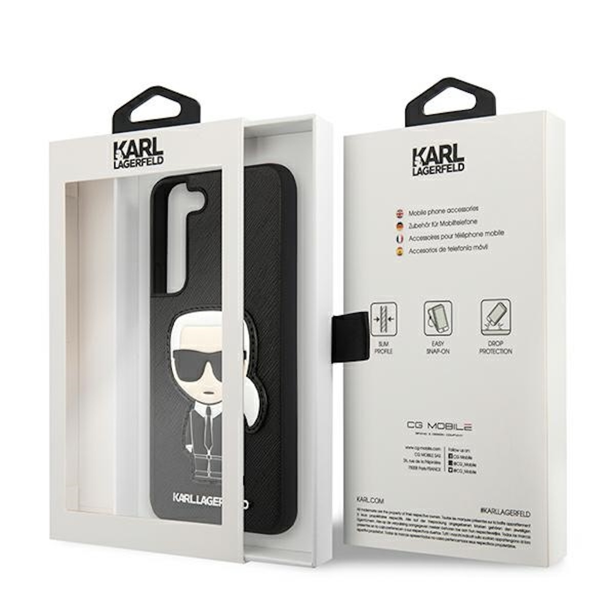 Confezione custodia per telefono. Custodia nera con personaggio cartoon, marchio Karl Lagerfeld.