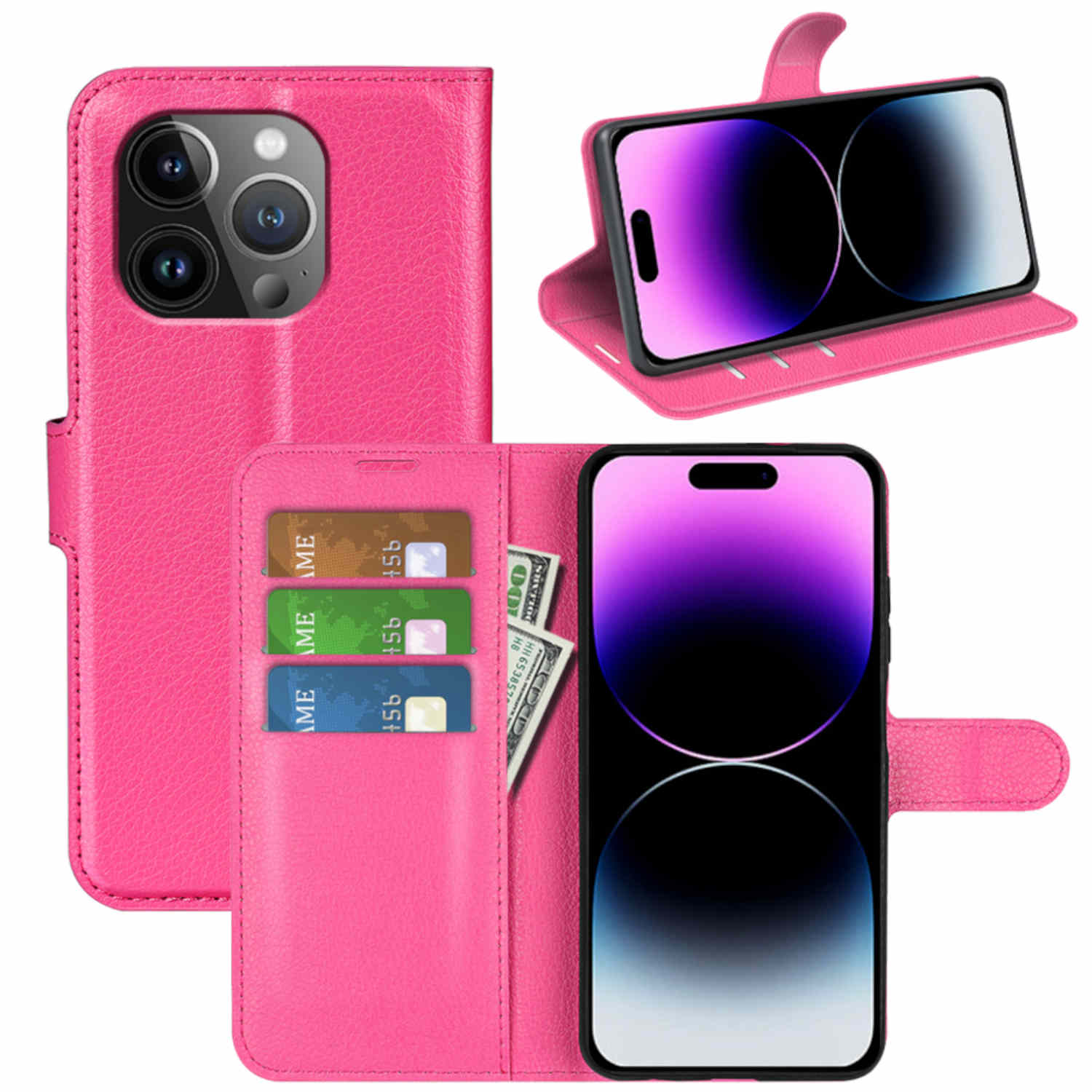 Funda de teléfono de cuero rosa con ranuras para tarjetas y diseño de billetera. Incluye un teléfono y efectivo.