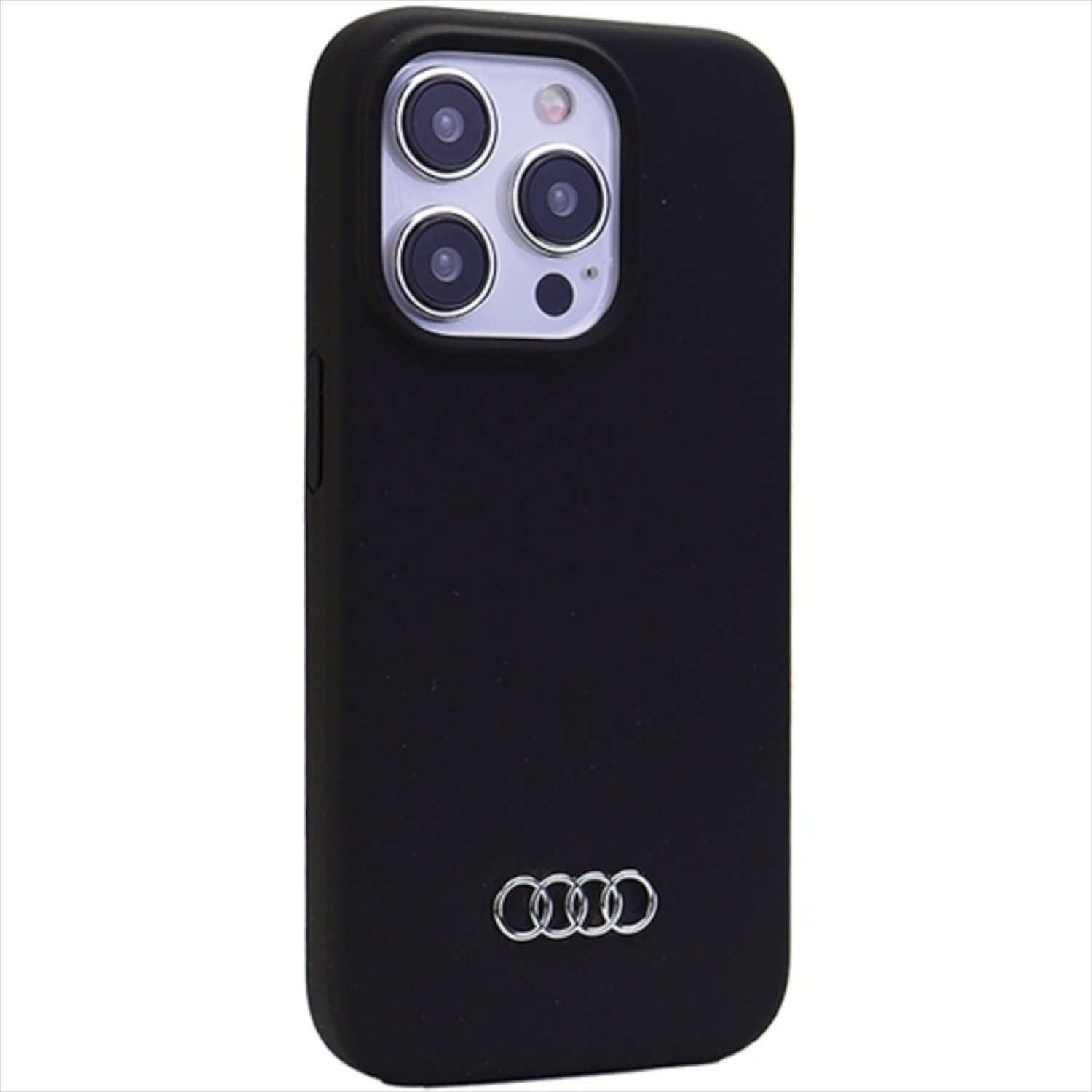 Schwarze Handyhülle mit Audi-Logo. Telefon mit Dreifachkamera-Setup.