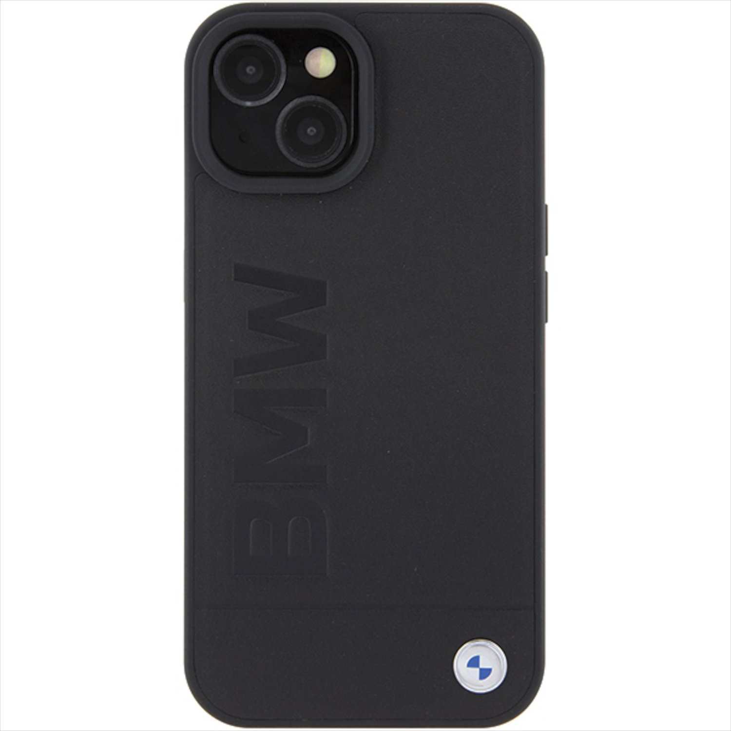 Custodia nera per iPhone con logo BMW in rilievo sul retro. La fotocamera del telefono è visibile.