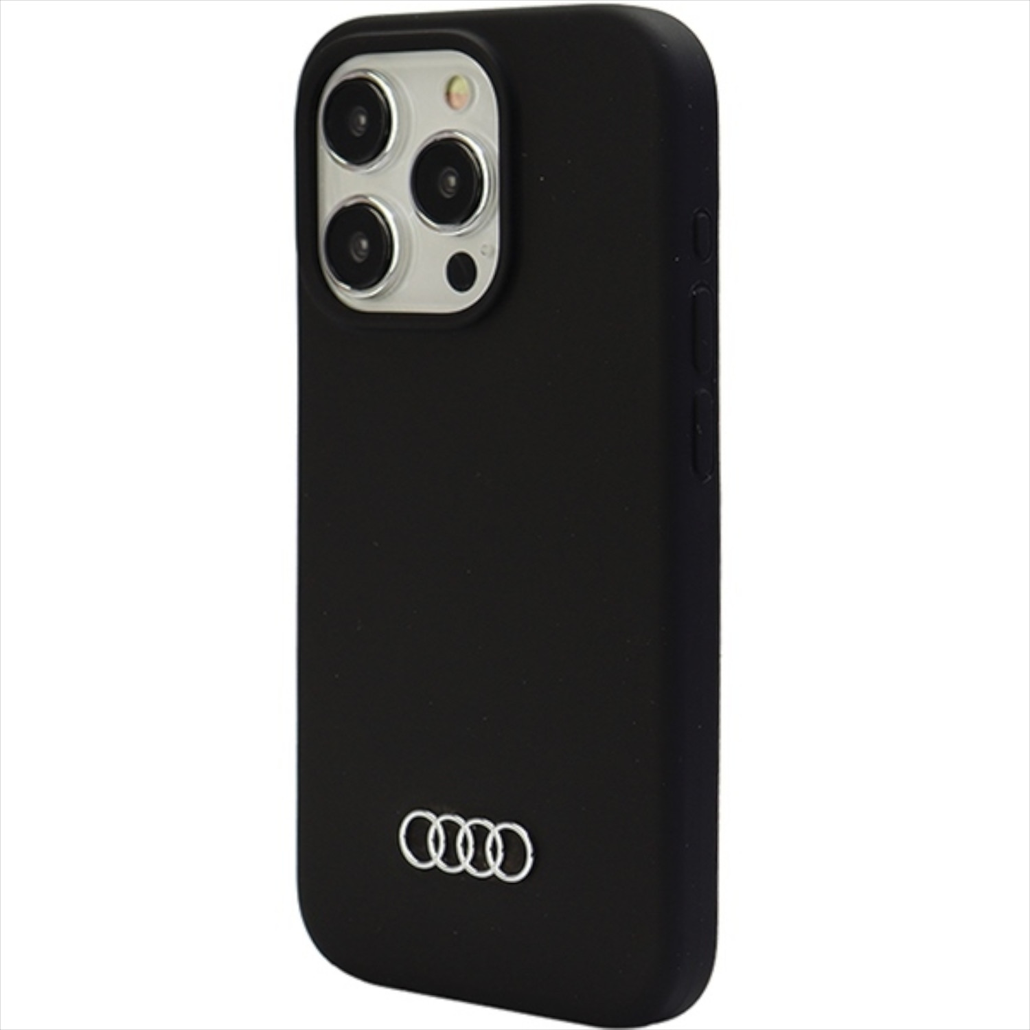 Schwarze Handyhülle mit dem Audi-Logo unten. Die Hülle hat ein Kameramodul für das Telefon.