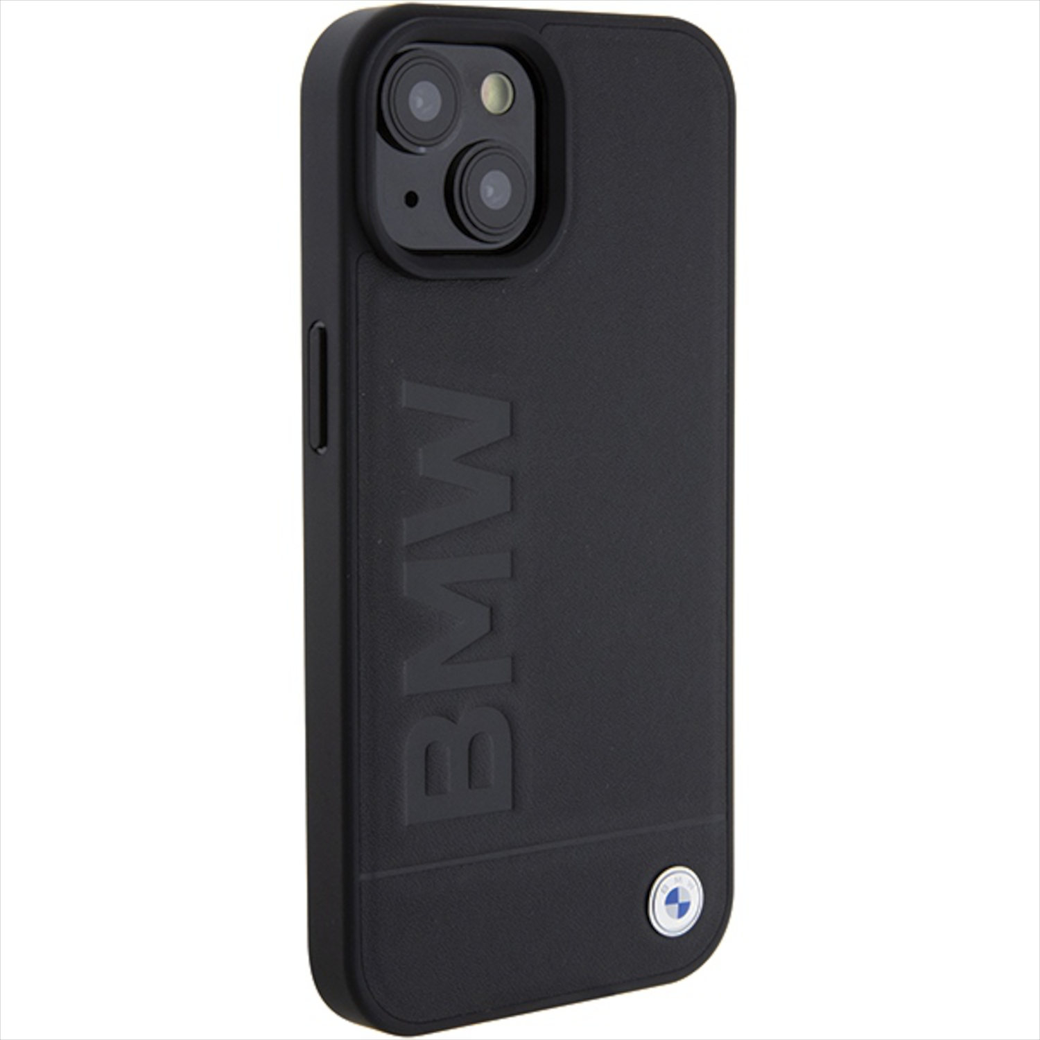 Custodia nera per iPhone con logo BMW in rilievo sul retro. La fotocamera del telefono è visibile.