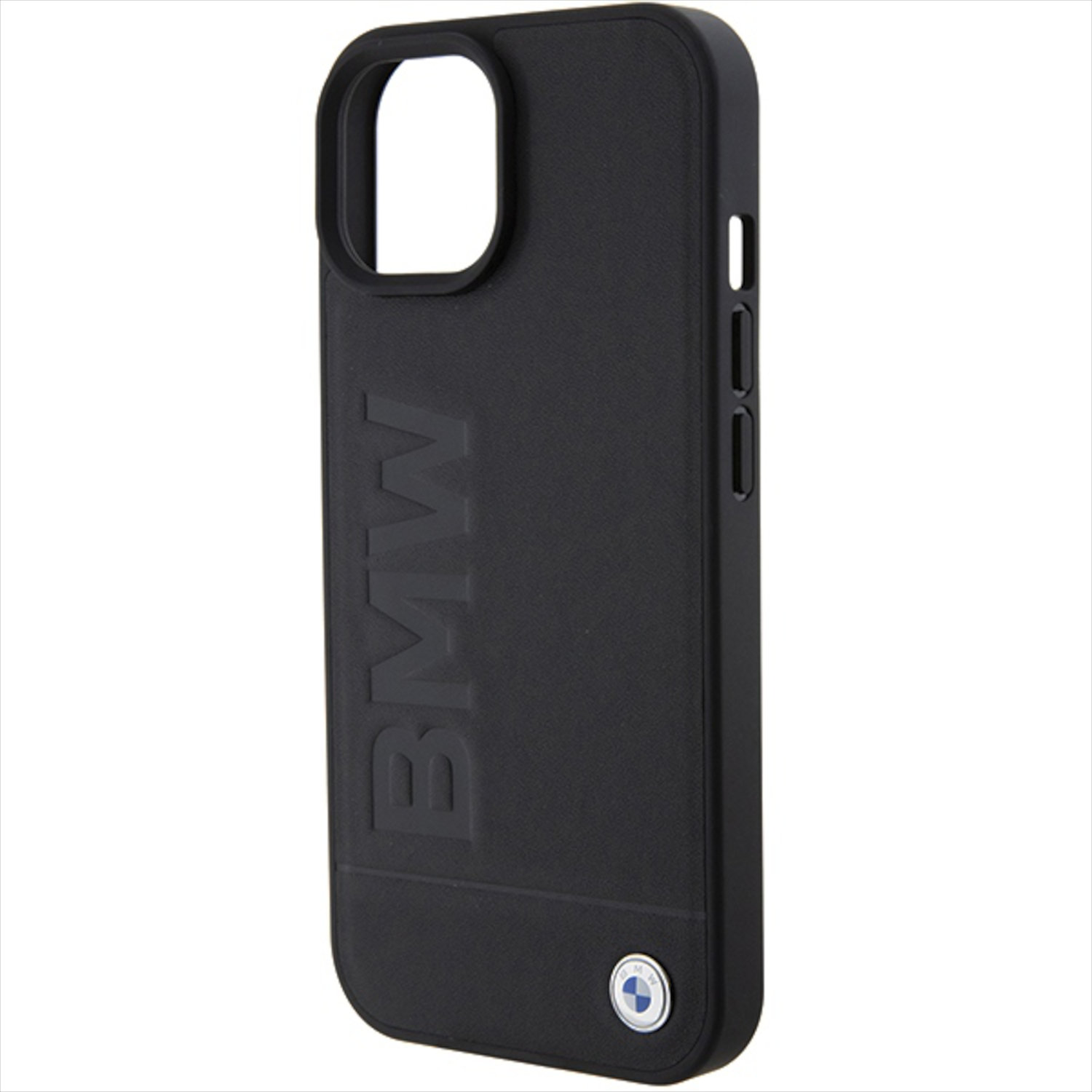 Custodia nera per iPhone con logo BMW. Fotocamera e pulsanti visibili. La custodia è leggermente angolata.