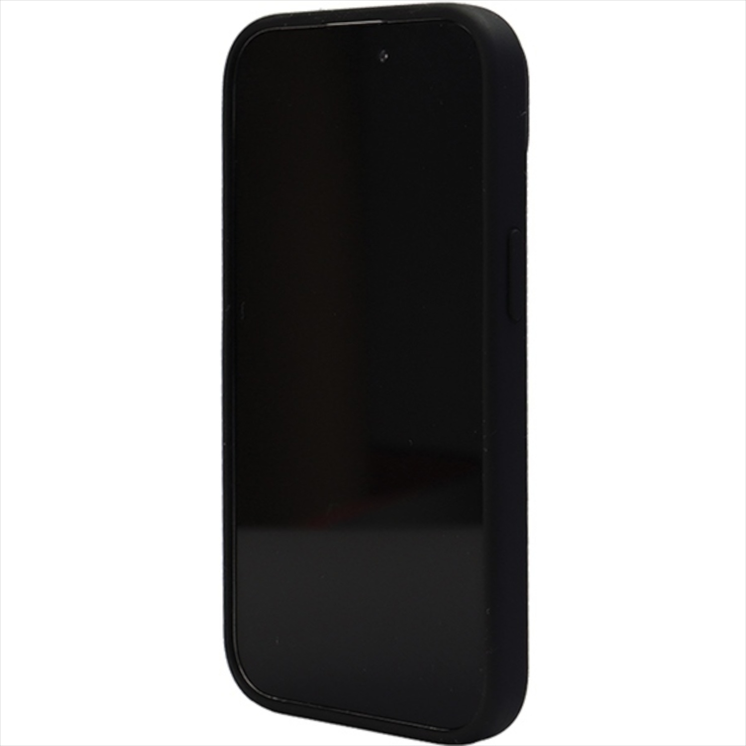 Eine schwarze iPhone-Hülle. Das Telefon befindet sich in der Hülle. Die Kamera befindet sich oben. Der Bildschirm ist schwarz.