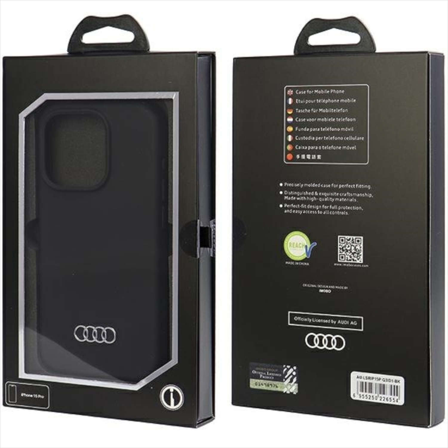 Audi Handyhülle in einer Box. Box hat Text und das Audi Logo.