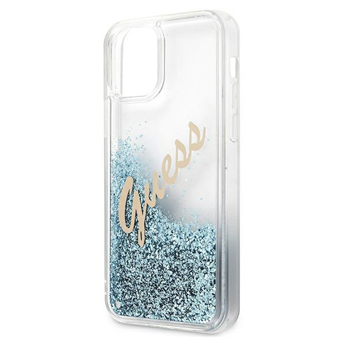 Custodia per telefono trasparente con glitter blu e testo Guess. La custodia è trasparente.