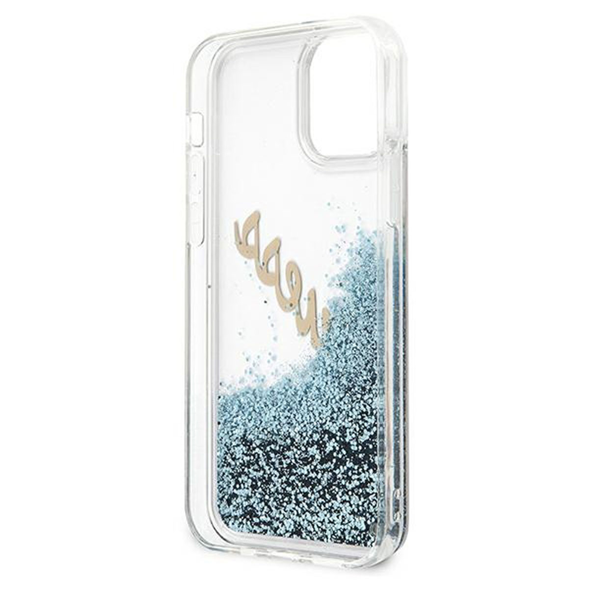 Custodia trasparente per telefono con glitter blu e scritta dorata.