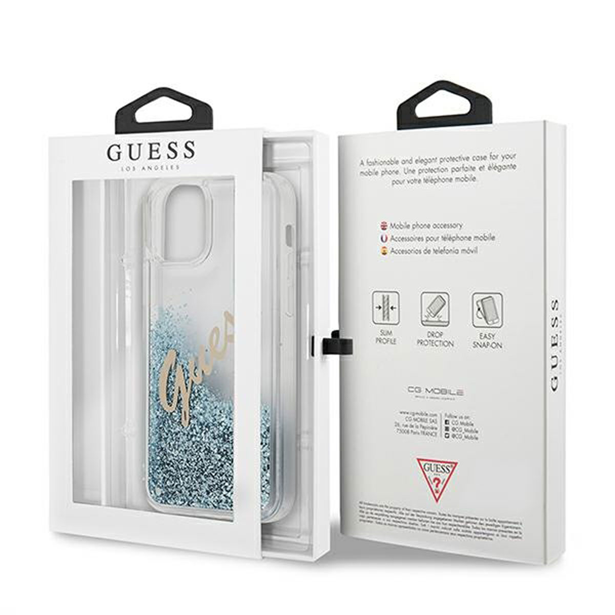 Custodia per telefono in confezione. Custodia trasparente con glitter blu e scritta dorata.